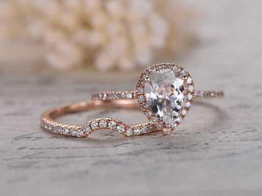 6x8mm-pear-cut-white-topaz-engagement-ring-set-2pcs-14k-rose-gold-curved-diamond-half-eternity-band-halo-curved-matching-band