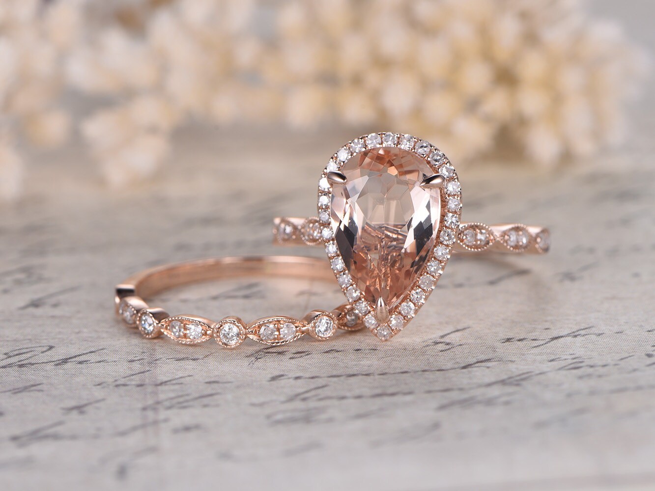 8x12mm Pear Cut Morganite Engagement Ring Set 2pcs 14K Rose Gold Diamond Halo | Art Deco Matching Band