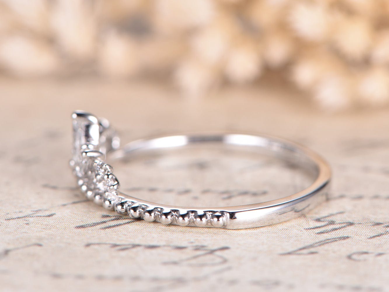 marquise-shaped-crown-diamond-wedding-band-14k-white-gold-ball-design-plain-band