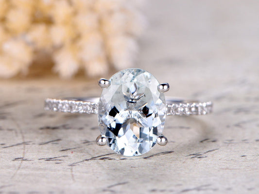 Bague de fiançailles en or blanc 14 carats massif, sertie d'une aigue-marine ovale de 9 x 11 mm, demi-alliance sertie de diamants, bague de promesse, style cathédrale, pavé de billes