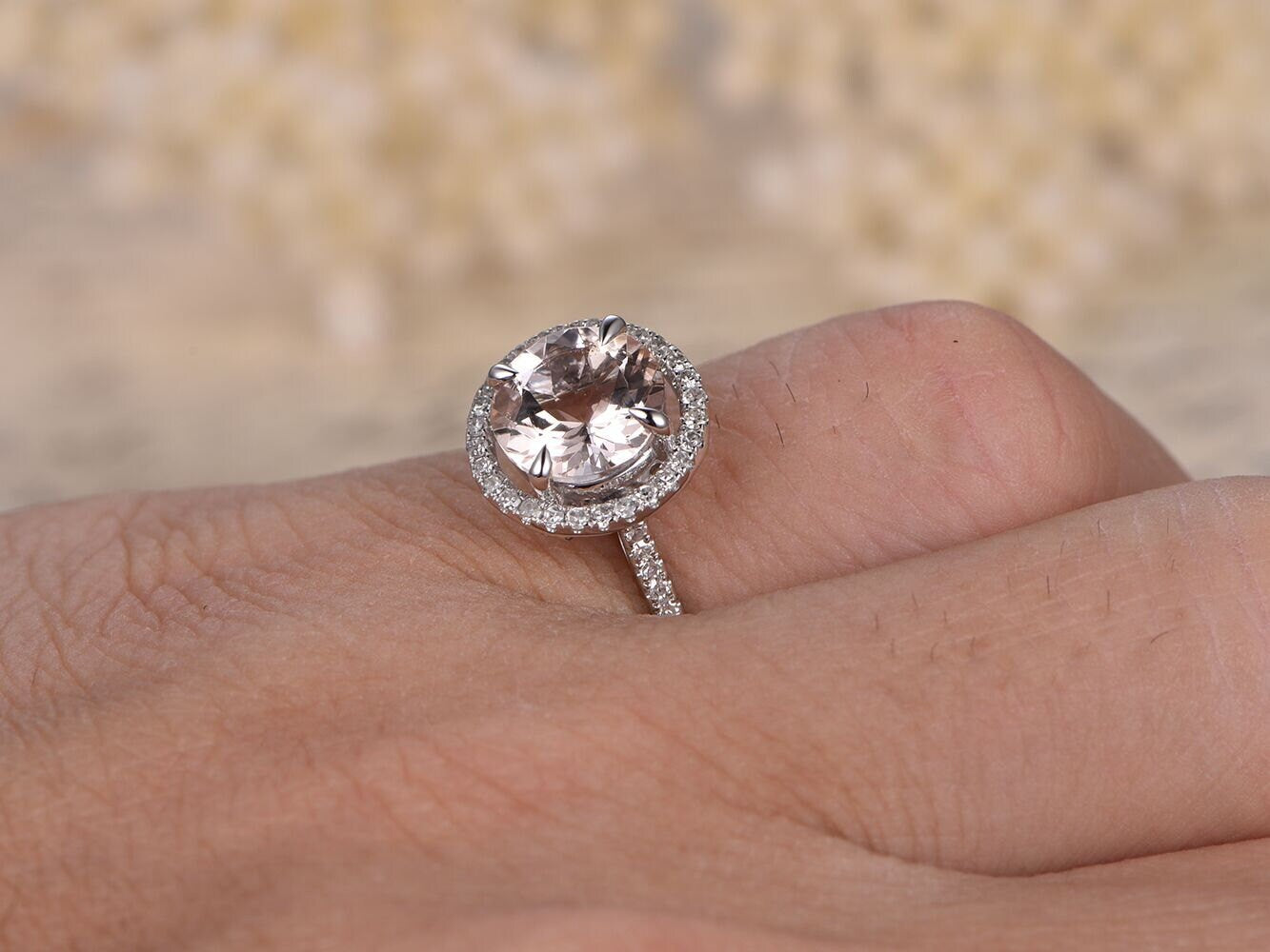 Bague de fiançailles en morganite de 9 mm, alliance en or blanc 14 carats sertie de diamants pavés, bague solitaire avec halo de diamants, alliance en diamants pour femme