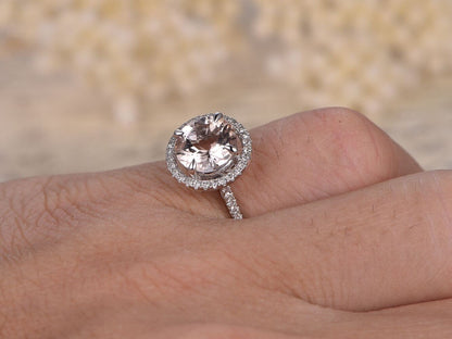 Bague de fiançailles en morganite de 9 mm, alliance en or blanc 14 carats sertie de diamants pavés, bague solitaire avec halo de diamants, alliance en diamants pour femme