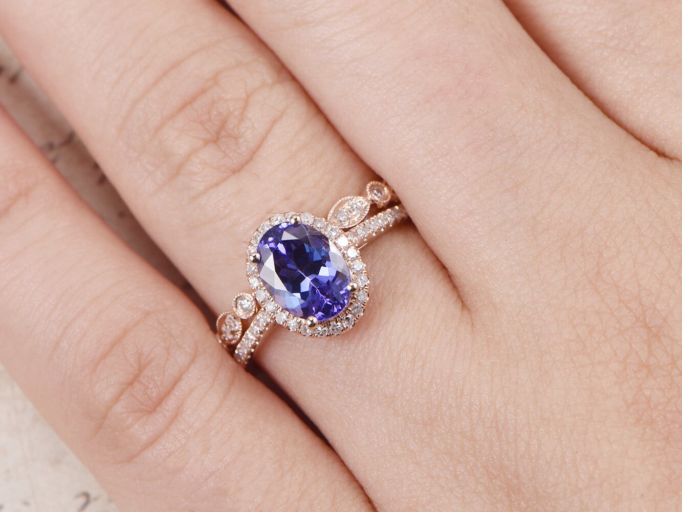 6x8mm Oval Cut Tanzanite Engagement Ring Set 2pcs 14K Rose Gold Diamond Halo | Art Deco Matching Band