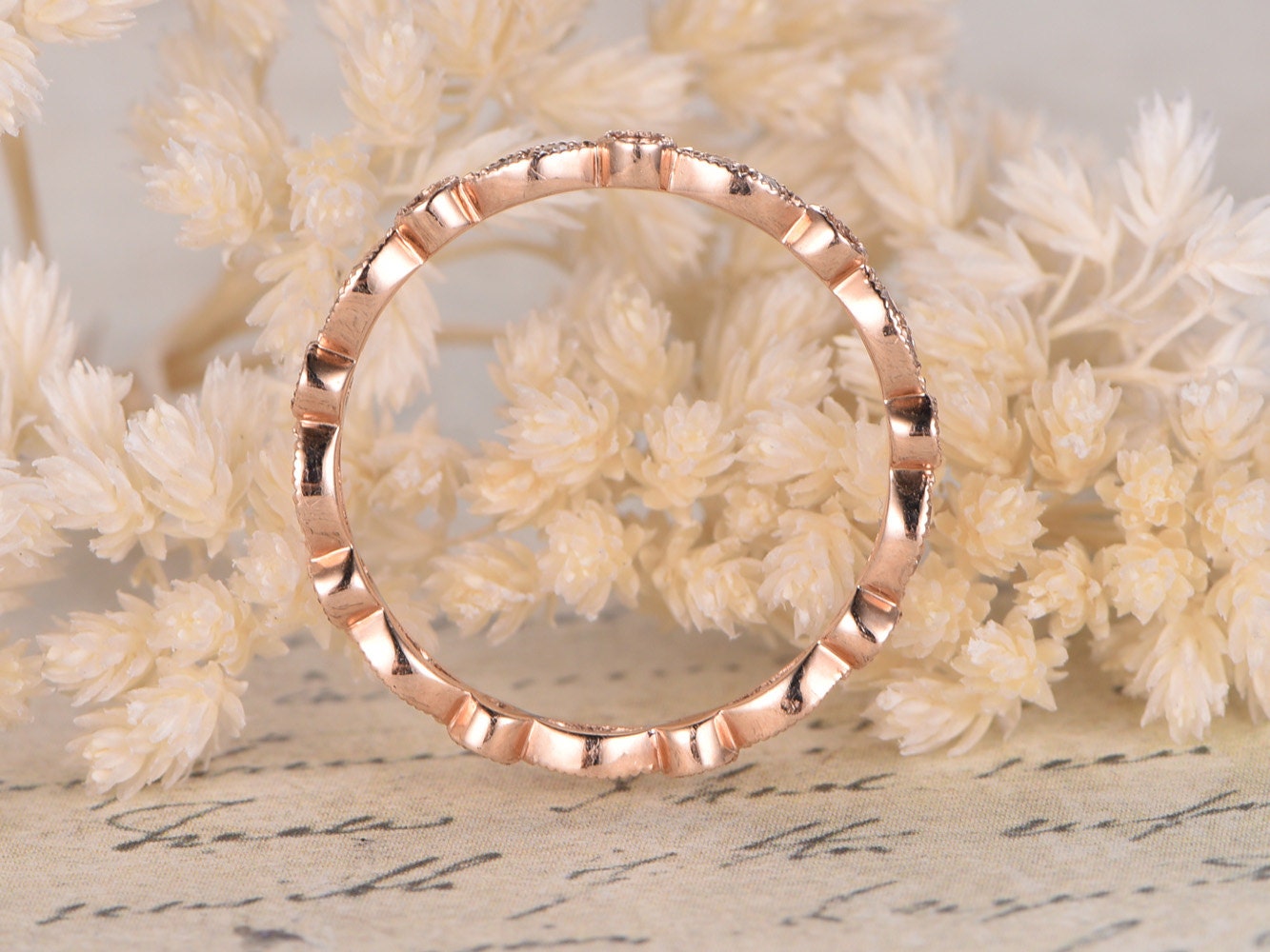 diamond-wedding-band-14k-rose-gold-full-eternity-band-milgrain-art-deco-marquise-dot-design