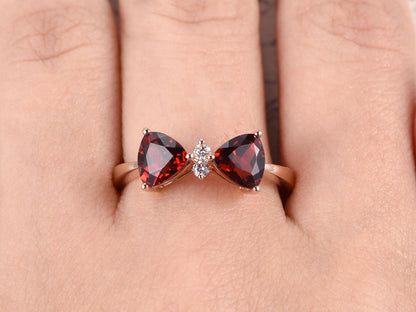 5mm-trillion-cut-garnet-engagement-ring-14k-rose-gold-bow-design-double-gemstone-diamond-accent-plain-band