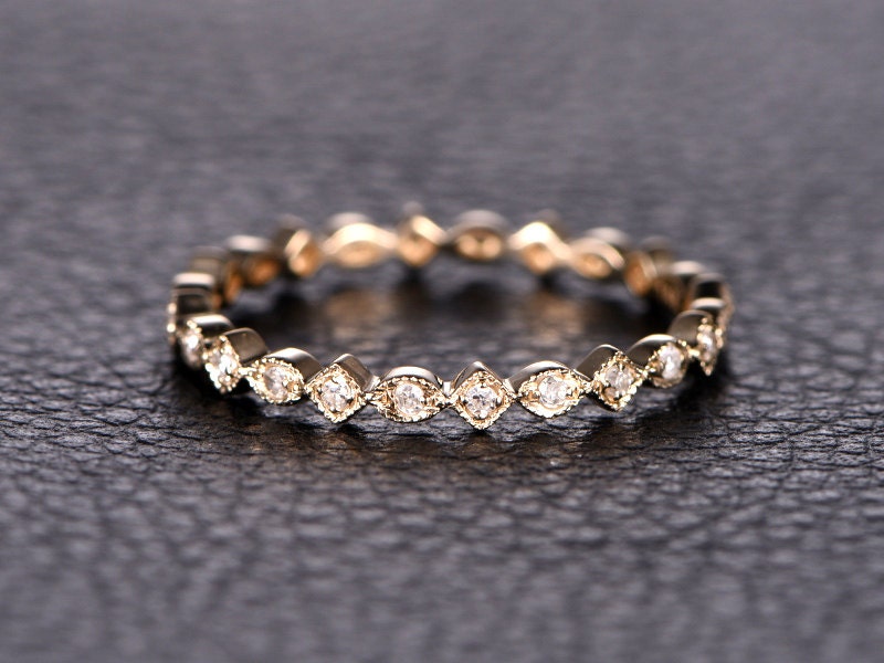 Milgrain Diamond Band 14K Yellow Gold Full Eternity Art Deco Design