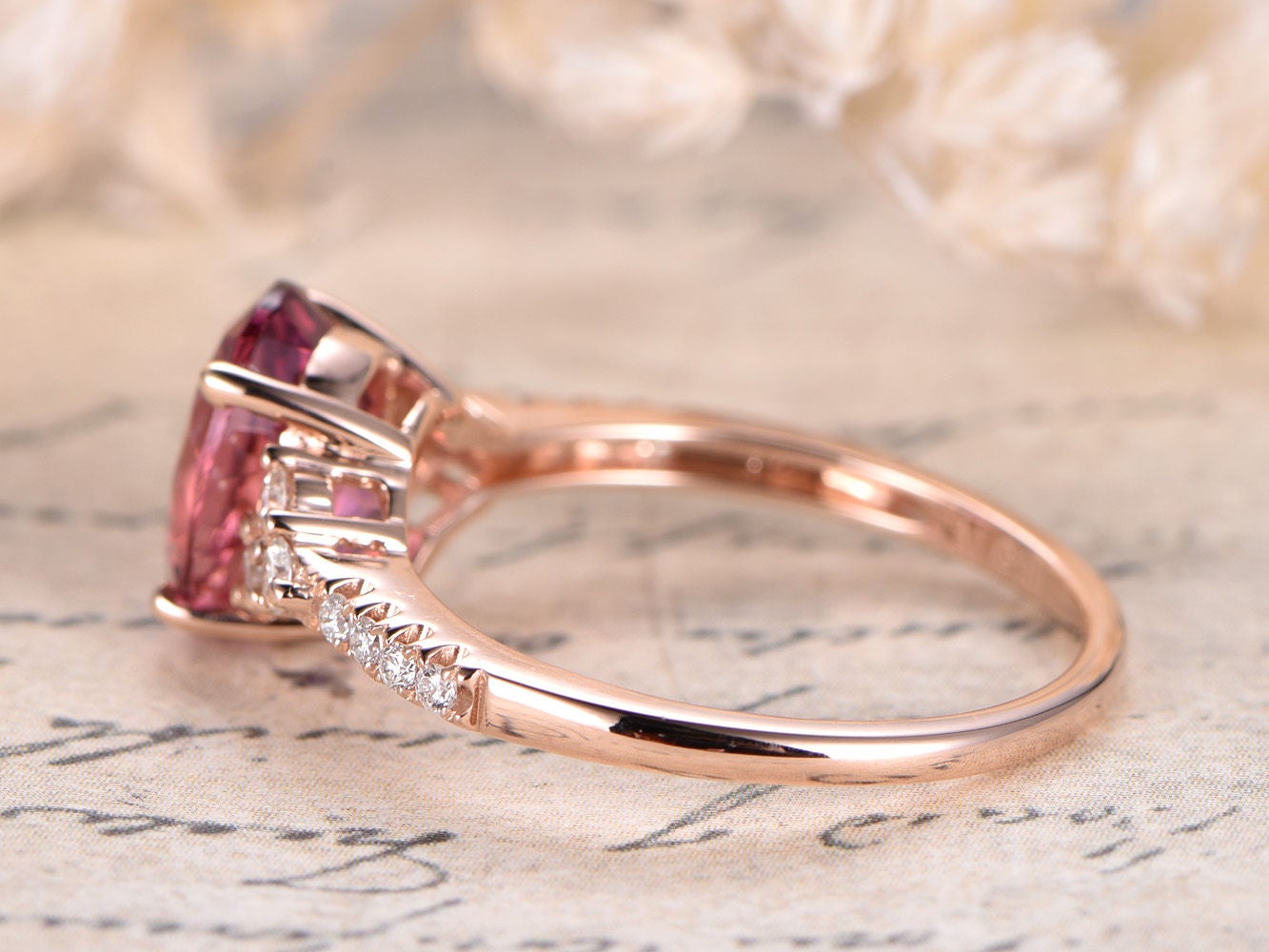 7x9mm Oval Tourmaline Engagement Ring 14K Rose Gold Diamond Floral Design