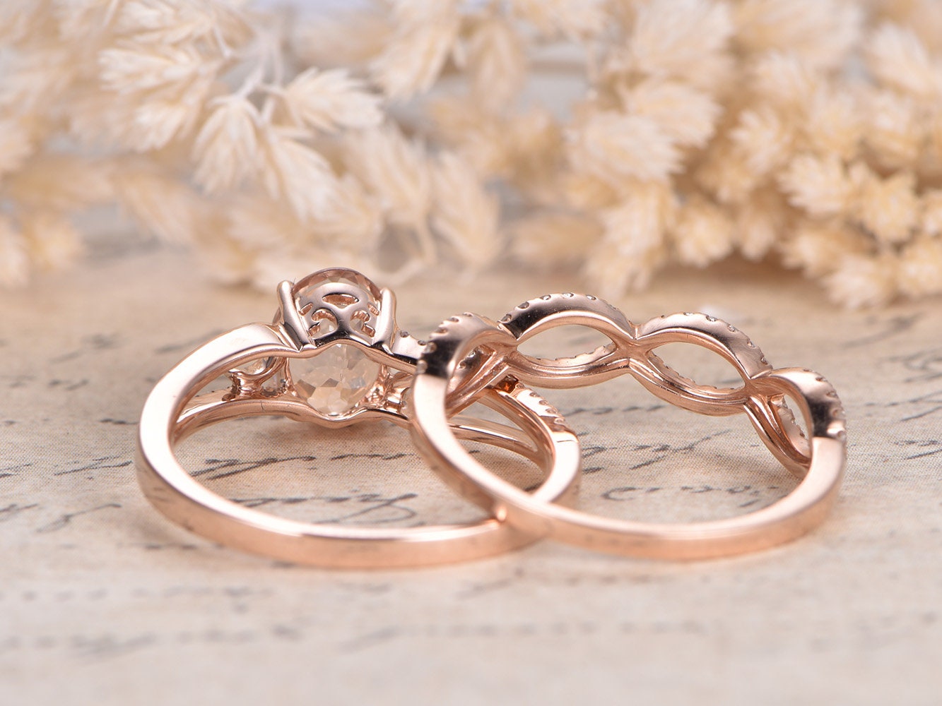 6x8mm-oval-cut-morganite-engagement-ring-set-2pcs-14k-rose-gold-solitaire-diamond-band-infinity-diamond-band