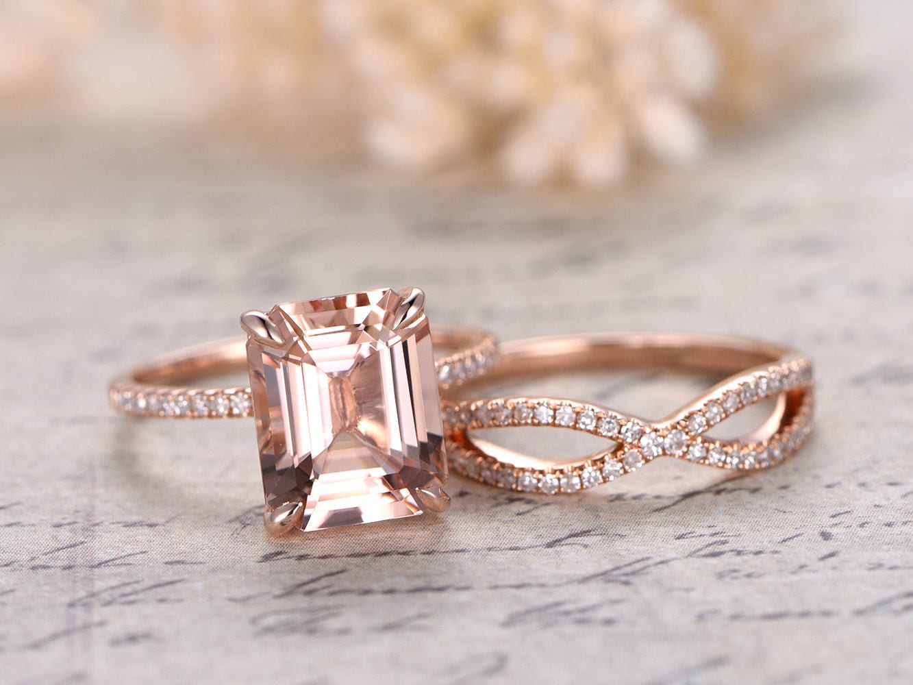 9x11mm Emerald Cut Morganite Engagement Ring Set 2pcs 14K Rose Gold Diamond Half Eternity Solitaire | Split Shank Matching Band