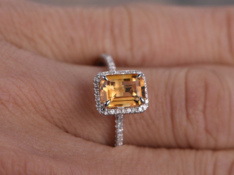 6x8mm Emerald Cut Citrine Engagement Ring 14K White gold Diamond Halo Half Eternity