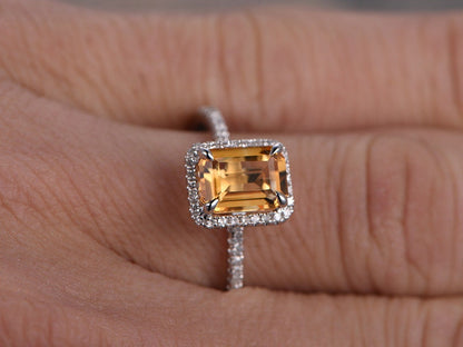 6x8mm Emerald Cut Citrine Engagement Ring 14K White gold Diamond Halo Half Eternity