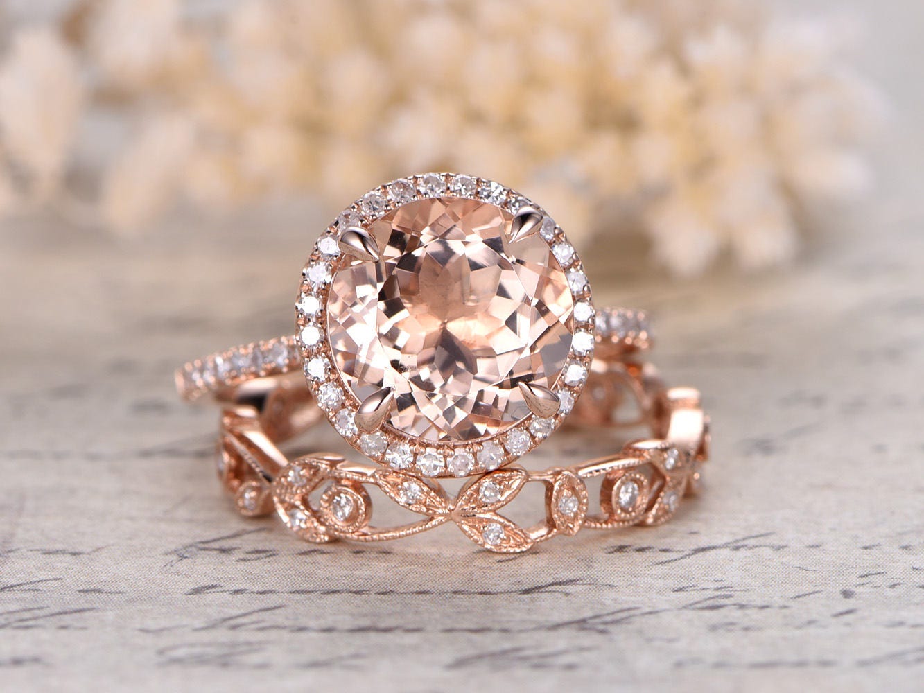 Ensemble de bagues en morganite ronde de 8 mm, bague de fiançailles en or rose 14 carats avec morganite et diamants, alliance sertie de diamants, bague sertie de diamants sur toute la longueur, bague ornée de diamants à motif floral