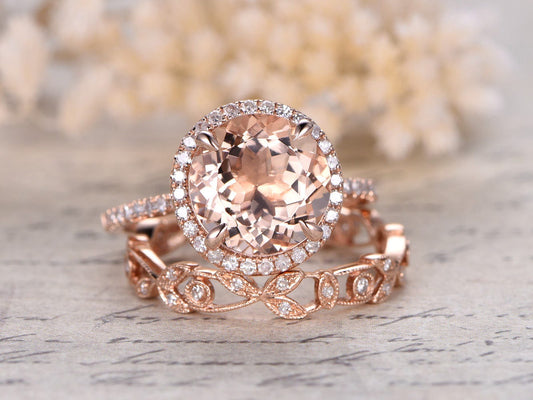 Ensemble de bagues en morganite ronde de 8 mm, bague de fiançailles en or rose 14 carats avec morganite et diamants, alliance sertie de diamants, bague sertie de diamants sur toute la longueur, bague ornée de diamants à motif floral