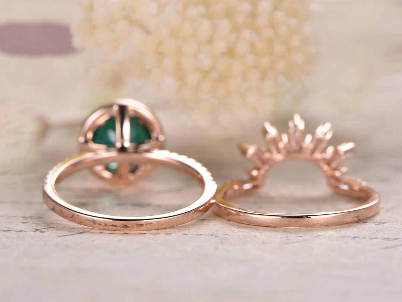 Bague de fiançailles en émeraude, bague en émeraude ronde de 7 mm, alliance VintageCrown en diamants, ensemble de 2 bagues en or rose 14 carats, bague d'anniversaire