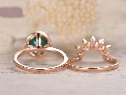 Bague de fiançailles en émeraude, bague en émeraude ronde de 7 mm, alliance VintageCrown en diamants, ensemble de 2 bagues en or rose 14 carats, bague d'anniversaire