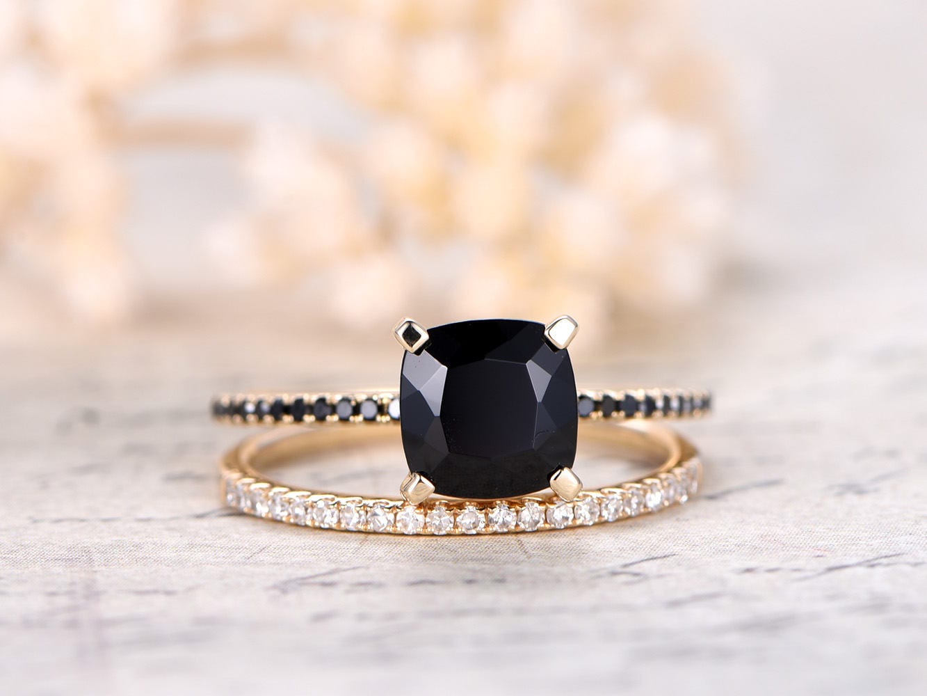 7mm-cushion-cut-black-spinel-engagement-ring-set-2pcs-solid-14k-yellow-gold-black-diamond-band-thin-matching-band