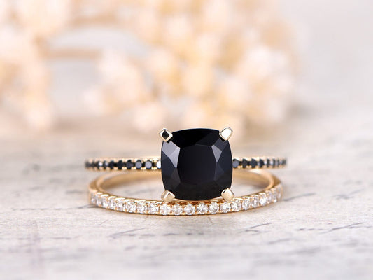 7mm-cushion-cut-black-spinel-engagement-ring-set-2pcs-solid-14k-yellow-gold-black-diamond-band-thin-matching-band