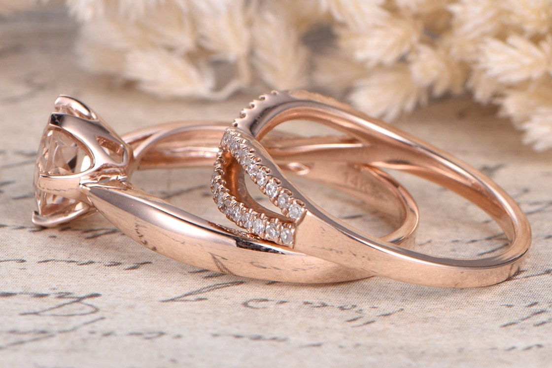 Bague de fiançailles en morganite rose, bague solitaire en morganite rose et or rose, alliance sertie de diamants, anneau fendu, bague à 6 griffes, anneau simple