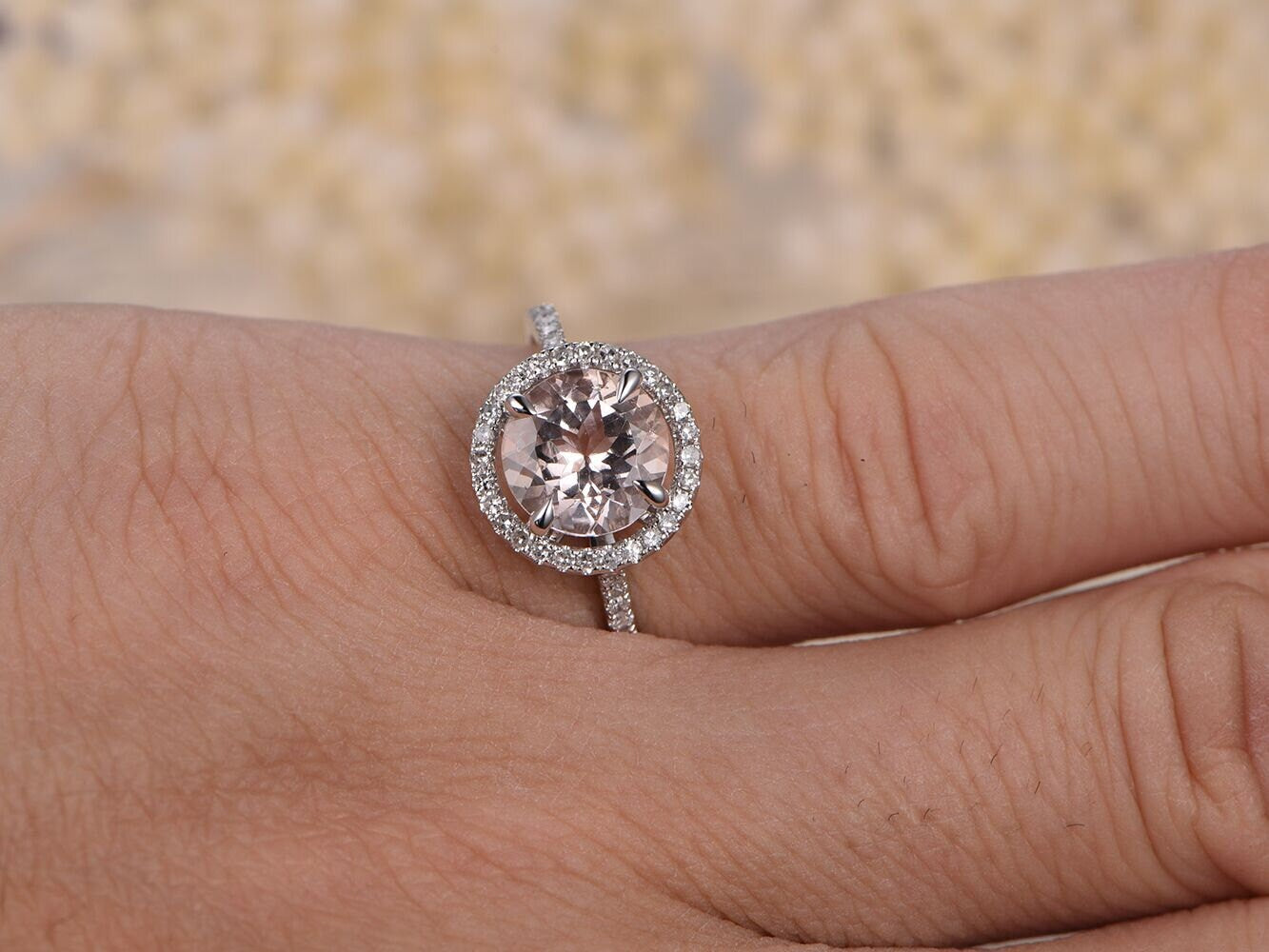 Bague de fiançailles en morganite de 9 mm, alliance en or blanc 14 carats sertie de diamants pavés, bague solitaire avec halo de diamants, alliance en diamants pour femme