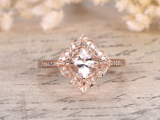 6.5mm-cushion-cut-morganite-engagement-ring-14k-rose-gold-floral-leaf-diamond-halo-half-eternity