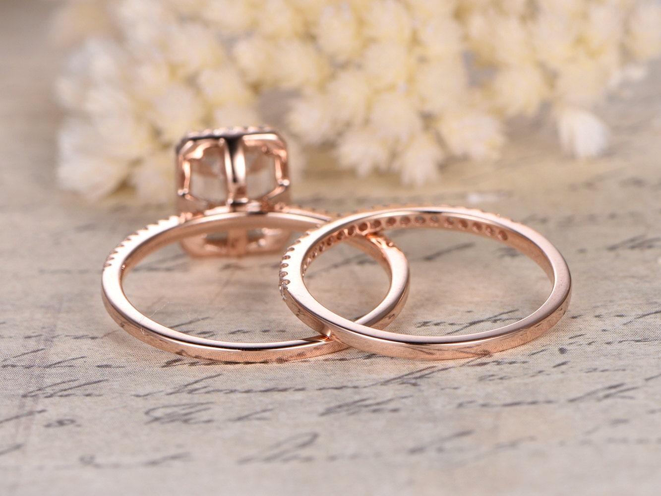 Bague de fiançailles en moissanite taille émeraude 6x8 mm, alliance en diamants, or rose 14 carats, design halo, ensemble de bagues de fiançailles demi-éternité