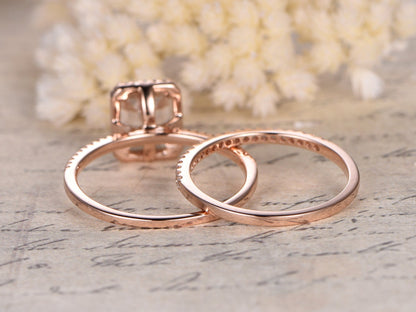 Bague de fiançailles en moissanite taille émeraude 6x8 mm, alliance en diamants, or rose 14 carats, design halo, ensemble de bagues de fiançailles demi-éternité