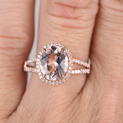 8x10mm Oval Cut Morganite Engagement Ring 14K Rose Gold Diamond Split Shank Halo Design