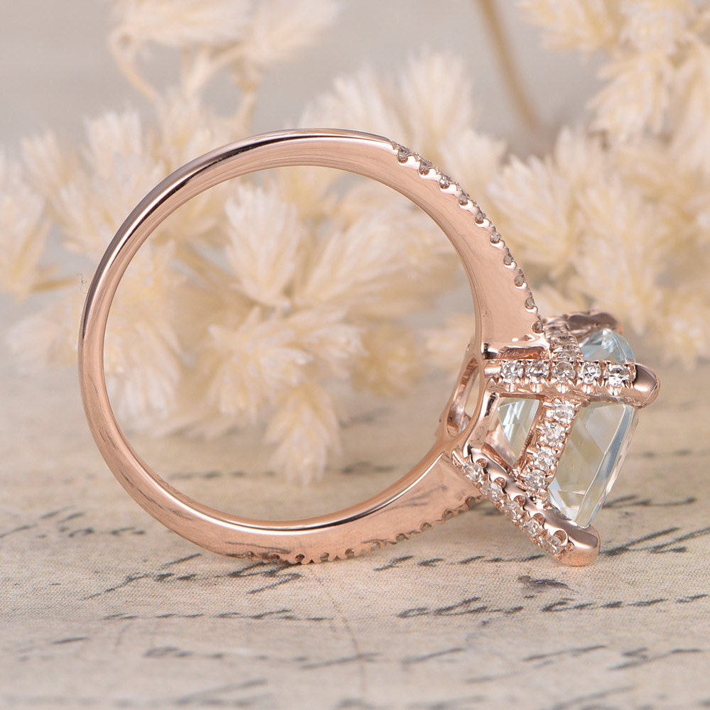 Bague en aigue-marine 8 mm, sertie de diamants taille coussin, bague de fiançailles, pierre de naissance de mars, or rose 14 carats, alliance sertie de diamants.