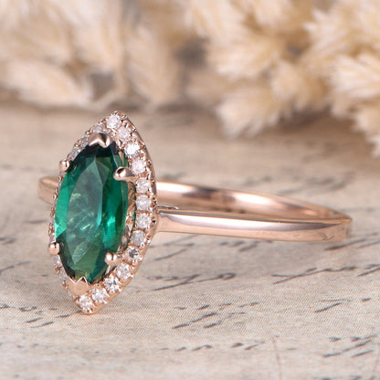 Bague de fiançailles en or rose massif 14 carats, anneau simple, bague de promesse pour femme, bague de mariage avec diamant, bague émeraude 5x10 mm, bague de fiançailles marquise