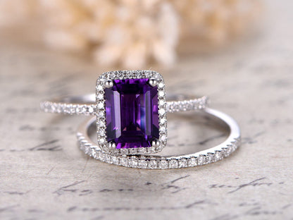 6x8mm-emerald-cut-amethyst-engagement-ring-set-2pcs-14k-white-gold-diamond-halo-half-eternity-thin-matching-band