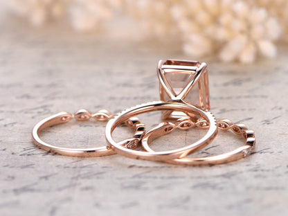 9x11mm Emerald Cut Morganite Engagement Ring Set 3pcs Solitaire | Two Art Deco Matching Band