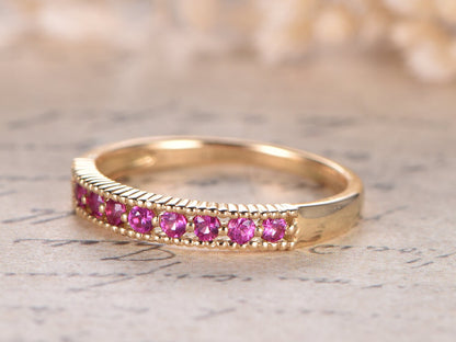 Bague de fiançailles en rubis, alliance pavée de rubis, alliance empilable en or blanc 14 carats massif, bague de mariage pour femme avec rubis