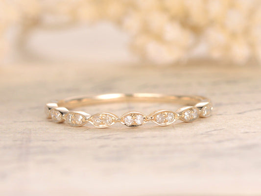 Alliance demi-éternité, bague de fiançailles sertie clos, style Art déco, en or jaune 14 carats, forme marquise