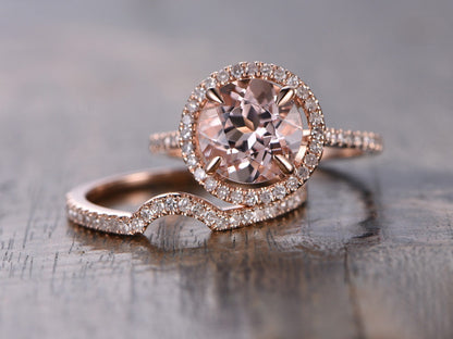 7mm-round-cut-morganite-engagement-ring-set-2pcs-14k-rose-gold-diamond-halo-half-eternity-curved-band