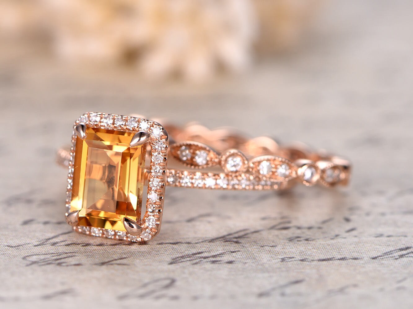 6x8mm Emerald Cut Citrine Engagement Ring Set 2pcs 14K Rose Gold Diamond Halo Art Deco | Thin Matching Band