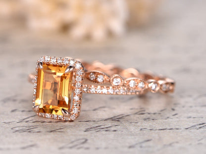 6x8mm Emerald Cut Citrine Engagement Ring Set 2pcs 14K Rose Gold Diamond Halo Art Deco | Thin Matching Band