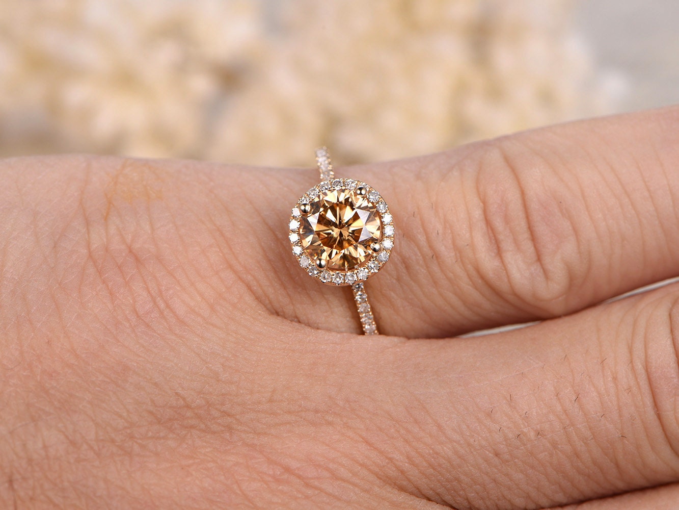 Bague de fiançailles en moissanite champagne, halo de diamants de 6,5 mm, or jaune 14 carats, bague de fiançailles et alliance assorties, style vintage
