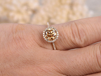 Bague de fiançailles en moissanite champagne, halo de diamants de 6,5 mm, or jaune 14 carats, bague de fiançailles et alliance assorties, style vintage