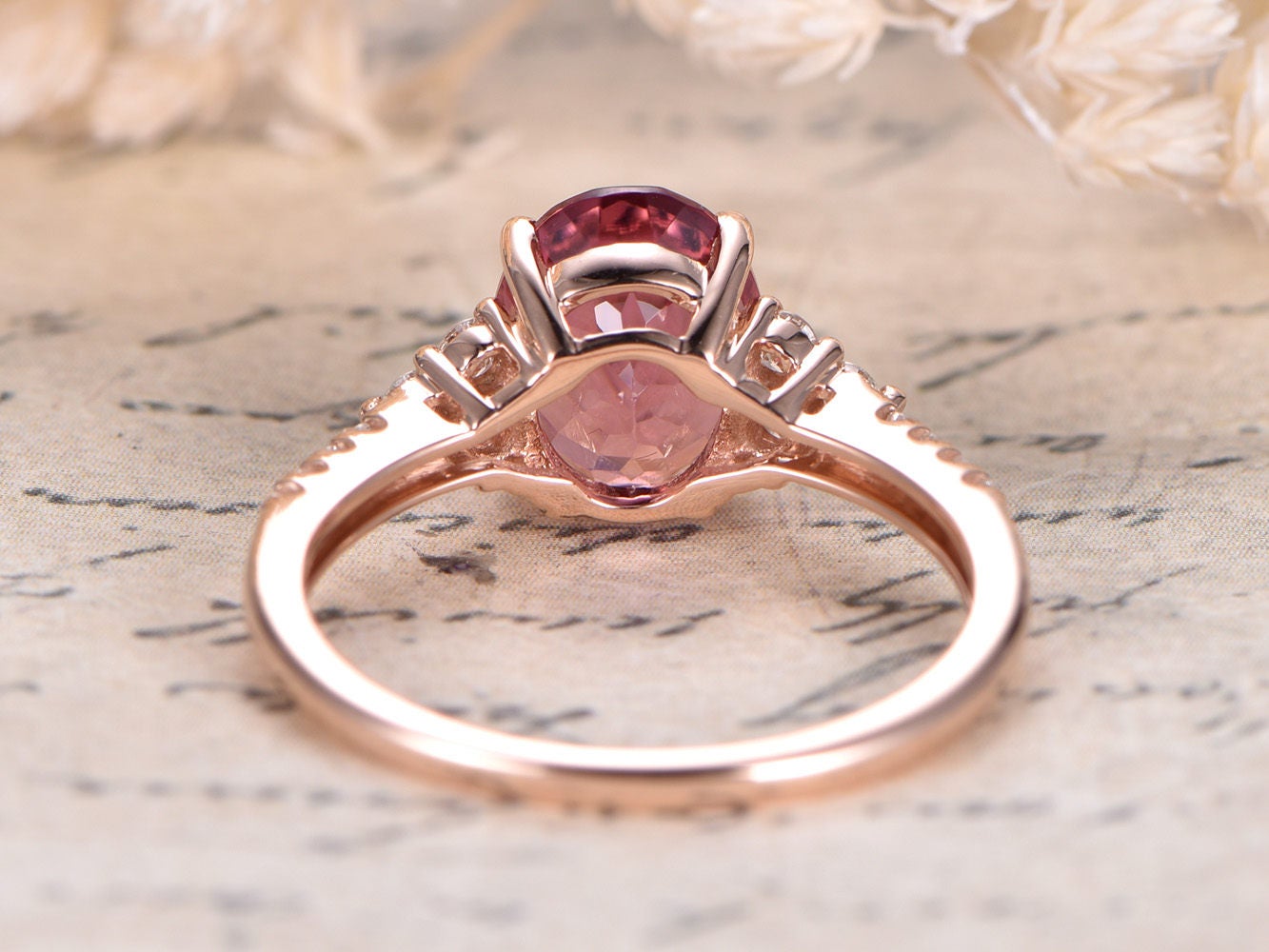 7x9mm Oval Tourmaline Engagement Ring 14K Rose Gold Diamond Floral Design
