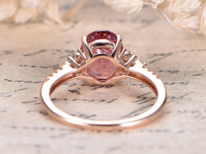 7x9mm Oval Tourmaline Engagement Ring 14K Rose Gold Diamond Floral Design