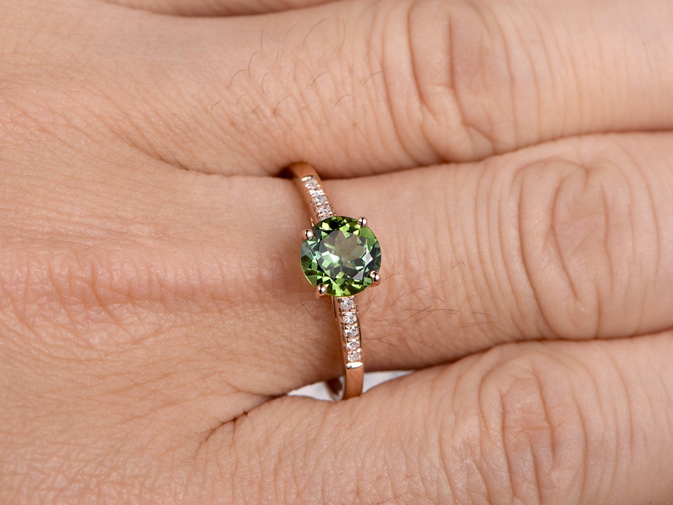 6.5mm Round Cut Tourmaline Engagement Ring 14K Rose Gold Diamond Half Eternity Solitaire
