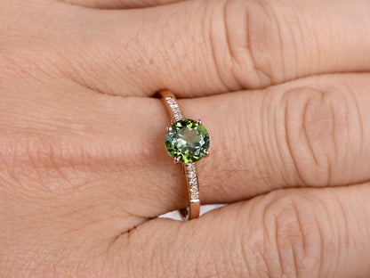 6.5mm Round Cut Tourmaline Engagement Ring 14K Rose Gold Diamond Half Eternity Solitaire