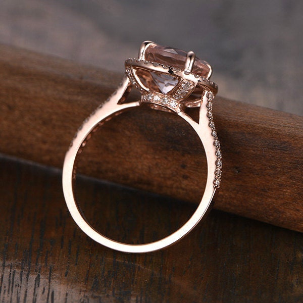 Bague de fiançailles en or rose avec morganite de 8 mm, alliance pavée de diamants, bague de fiançailles avec halo de diamants, bague en morganite rose, bague de mariée en morganite