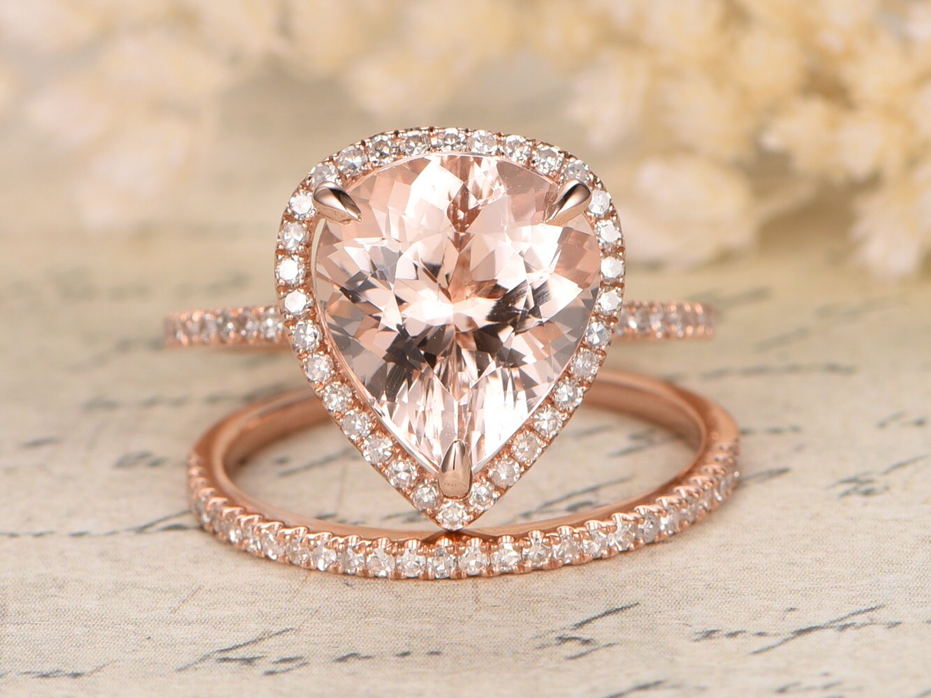 Ensemble de bagues de fiançailles en or rose et morganite, bague en morganite rose, alliance en diamant, demi-alliance, ensemble de bagues de mariage, ensemble de 2 bagues de mariée