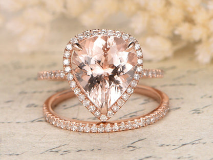 Ensemble de bagues de fiançailles en or rose et morganite, bague en morganite rose, alliance en diamant, demi-alliance, ensemble de bagues de mariage, ensemble de 2 bagues de mariée