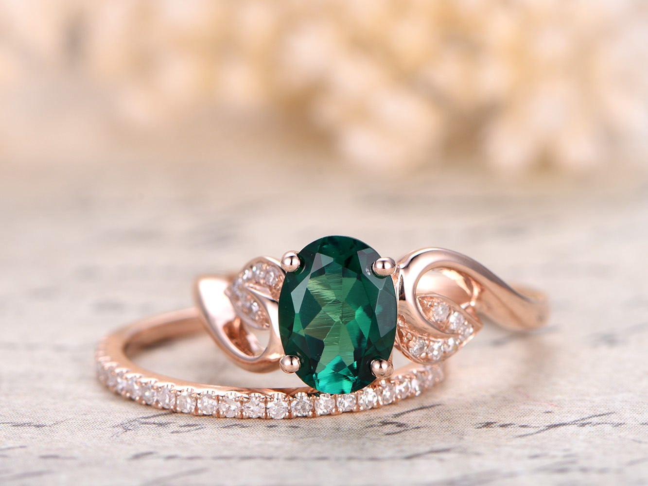 6x8mm-oval-cut-emerald-engagement-ring-set-2pcs-14k-rose-gold-diamond-band-thin-matching-band