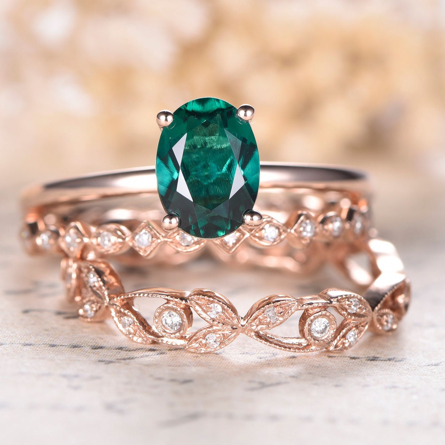 6x8mm-oval-cut-emerald-engagement-ring-set-3pcs-14k-rose-gold-plain-band-solitaire-two-art-deco-band