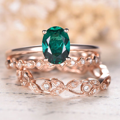 6x8mm-oval-cut-emerald-engagement-ring-set-3pcs-14k-rose-gold-plain-band-solitaire-two-art-deco-band