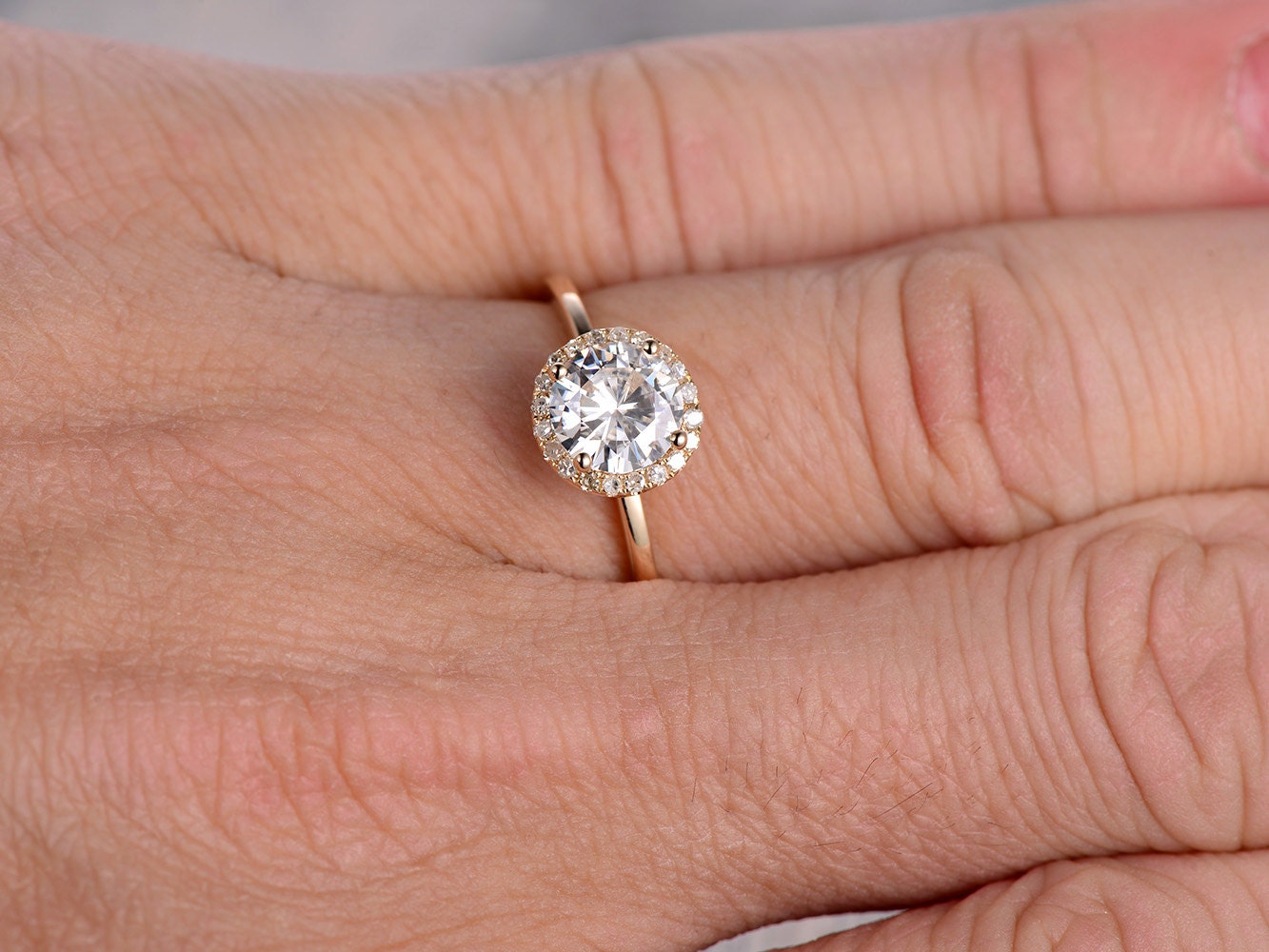 Bague en or jaune 14 carats avec moissanite taille ronde de 6,5 mm, bague de fiançailles en moissanite, bague de mariée, bague en diamant, alliance, bague pour femme