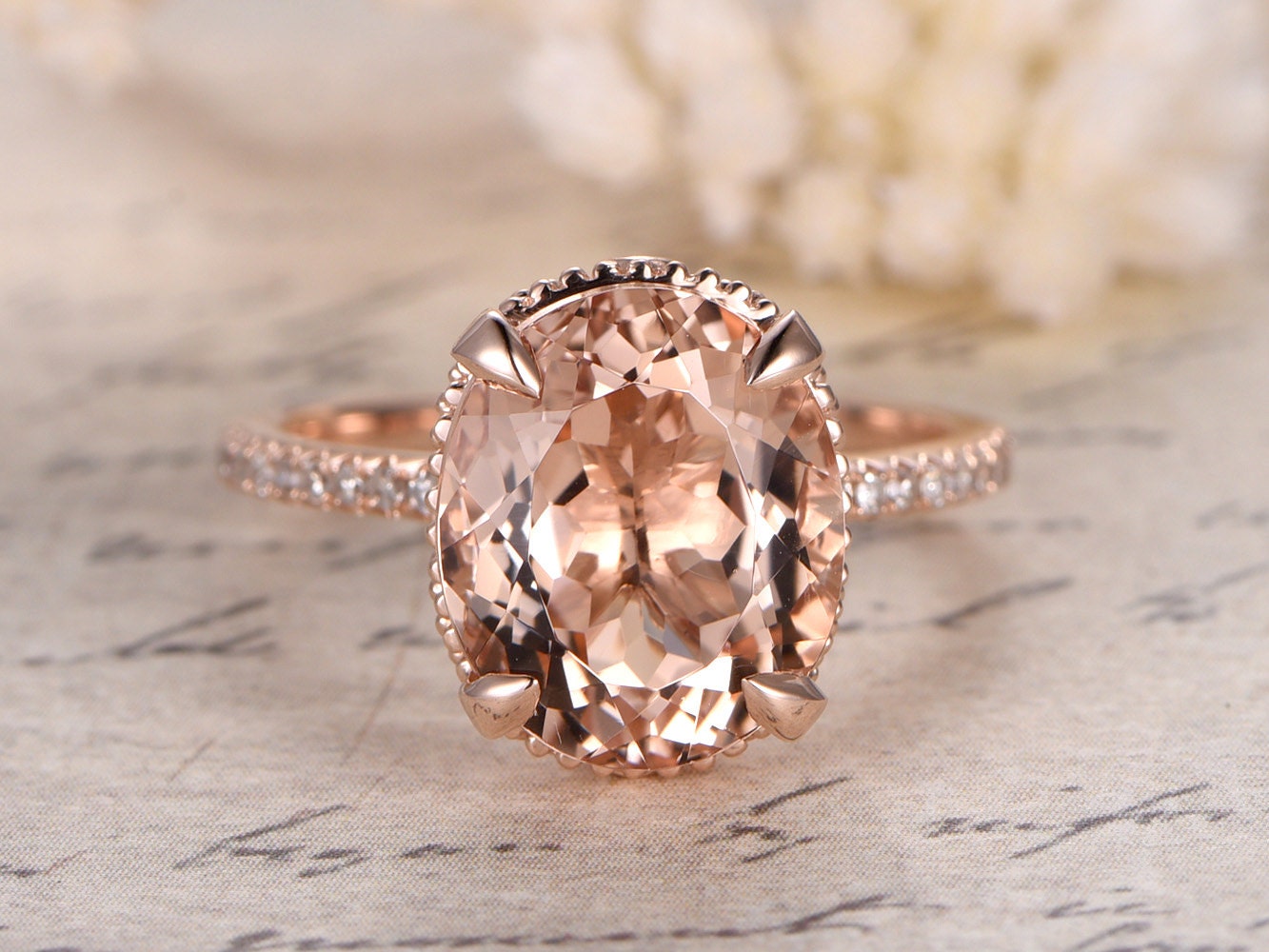 Bague de fiançailles ovale en morganite 9x11mm, bague en or rose avec morganite et diamants, alliance, bague de demande en mariage, bague d'anniversaire, cadeau pour elle